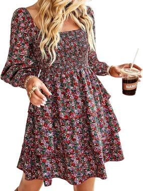 NWOT square neck, long sleeve, smocked, ruffle hem, floral mini dress